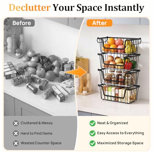 SUNALLY Stackable Storage Bins 4 Pcs Wire Baskets Freezer Organizer, Black | Pantry Organizers Storage, Vegetable Fruit Storage Basket for Countertop, Kitchen Baskets for Onion Potato Snack Cans Storage