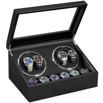 ANWBROAD Watch Winders for Automatic Watches, 4 Watch Winder | Automatic Watch Winder with 4 Watches Rotator and 6 Extra Storages,Japanese Quiet Motor,Carbon Fiber Watch Winders,UJWW012C