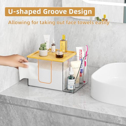 VITVITI Disposable Face Towel Holder Box, Acrylic Clean Skin Club Facial Towel Container, Large Disposable Face Towels Storage for Bathroom Vanity Makeup, Clear