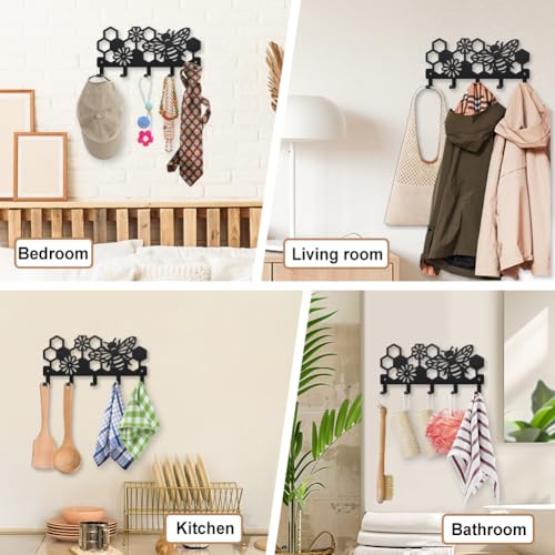 MAYJOYDIY Bee Beehive Metal Key Hook Honey Bee Flowers Coat Rack Wall Mounted 9.8×4.7inch Honeycomb Insect Black Art Key Holder with 5 Hooks for Gift Kitchen Bathroom Clothes Storage