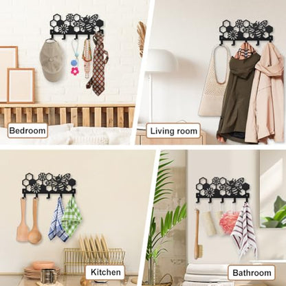 MAYJOYDIY Bee Beehive Metal Key Hook Honey Bee Flowers Coat Rack Wall Mounted 9.8×4.7inch Honeycomb Insect Black Art Key Holder with 5 Hooks for Gift Kitchen Bathroom Clothes Storage