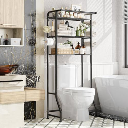 Simple Trending Over The Toilet Storage Cabinet, Metal Bathroom Shelf Organizer with Paper Holder and Hooks, 3 Tier, Black