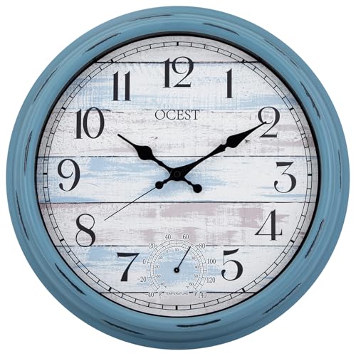 16 Inch Waterproof Indoor Outdoor Wall Clock with Thermometer | Silent non-ticking battery movement, large easy-read blue dial for patio, pool, porch, garden, garage, and home decor