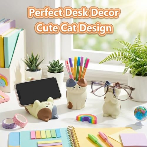 3 PS Cat Shaped Phone Holder and Eyeglass Frame with Pen Holder, Animal Resin Gift for cat Enthusiasts, Home and Office Fashion Accessories-White