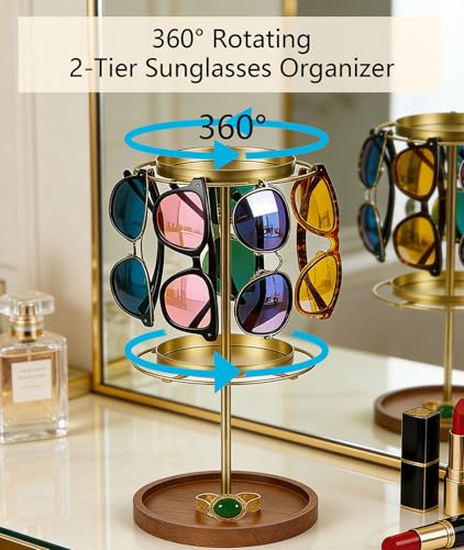 360° Rotating Double-layer Sunglasses Organizer - Stainless Steel Glasses Holder for Multiple Eyeglasses with Tray, Space-Saving Eyewear Storage Stand (Gold)