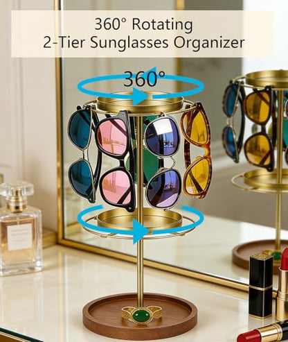 360° Rotating Double-layer Sunglasses Organizer - Stainless Steel Glasses Holder for Multiple Eyeglasses with Tray, Space-Saving Eyewear Storage Stand (Gold)