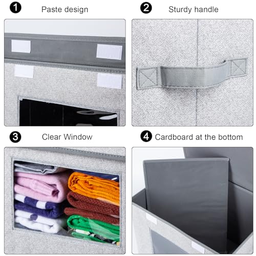 Univivi Fabric Closet Storage Bins with Lids for Shelves 4 Pack, Gray | 17 x 12 x 12 In Clothes Storage Bins with Handles & Window, Foldable Closet Organizers and Storage for Home, Office, Bedroom