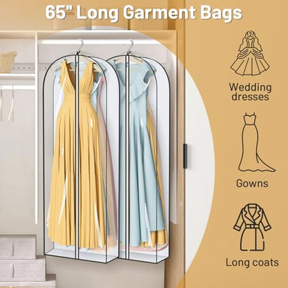 MISSLO 65" Clear Garment Bags for Hanging Clothes 4" Gusseted Dress Bags for Gowns Long Dress Cover for Closet Storage Dress Protector Bag, 2 Packs