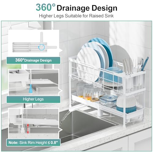 Narrow 2 Tier Dish Drying Rack - Expandable for Small Kitchens & RVs | Compact 7 in Deep, Expands 15.7-20.7 in, 360° Rotating Drain Spout, Removable Utensil Holder, Ideal for 1-2 People, White