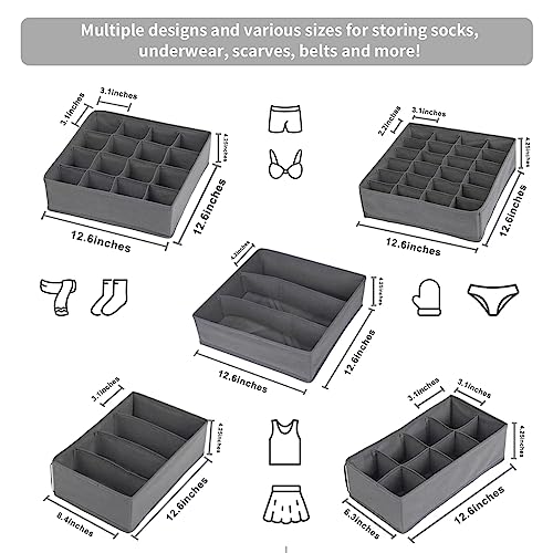 Lourome Underwear Drawer Organizer, 5-Pack, for Socks, Bras, Tie, Grey | Fits Standard 13"+ Dressers, 55 Compartments, Storage Bins for Bedroom, Closet & Bathroom