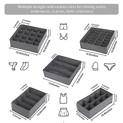 Lourome Underwear Drawer Organizer, 5-Pack, for Socks, Bras, Tie, Grey | Fits Standard 13"+ Dressers, 55 Compartments, Storage Bins for Bedroom, Closet & Bathroom