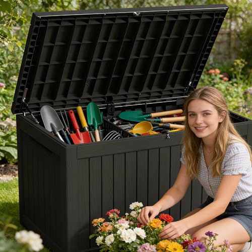 200 Gallon Outdoor Storage Box Resin Deck Box All Weather Waterproof Large Lockable Storage Container Deck Box for Patio Furniture, Garden Tools, Lockable, Black New