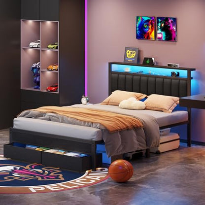 Queen Bed Frame with Storage Drawers and Upholstered Headboard