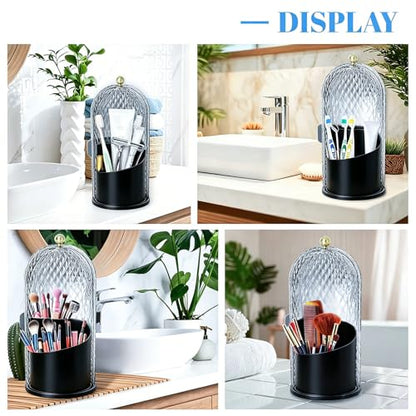 360° Rotating Toothbrush Holder with Cover, Dustproof Bathroom Countertop Organizer for Toothbrushes, Toothpaste, Floss Picks and Dental Accessories