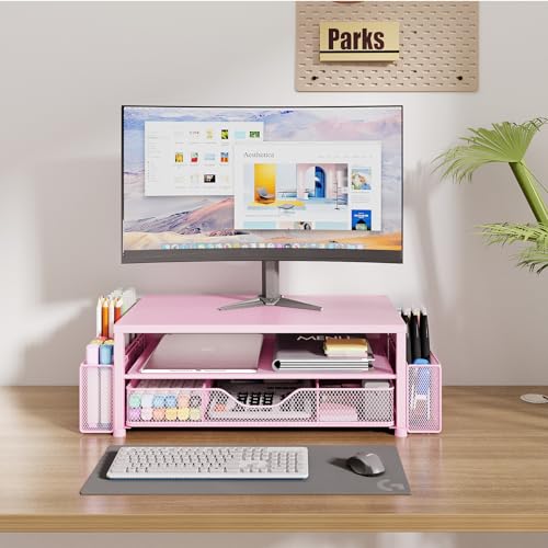 Desk Organizer and Accessories, 2-Tier Computer Monitor Stand Riser with Drawer and 2 Pen Holders, Laptop Stand, Office Desk Accessories for Office Supplies, 1 Pack, Pink
