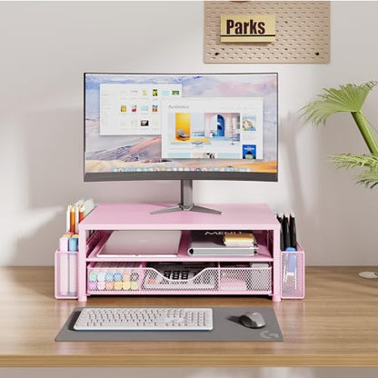 Desk Organizer and Accessories, 2-Tier Computer Monitor Stand Riser with Drawer and 2 Pen Holders, Laptop Stand, Office Desk Accessories for Office Supplies, 1 Pack, Pink