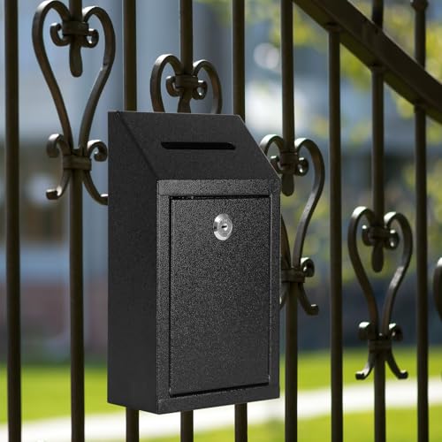 KYODOLED Wall Mount Money Drop Box with Lock & Slot, Metal Cash Box for Farm Stand, Porch Pickup, Office & Donations, 10.24x5.7x2.95 Inch, Black