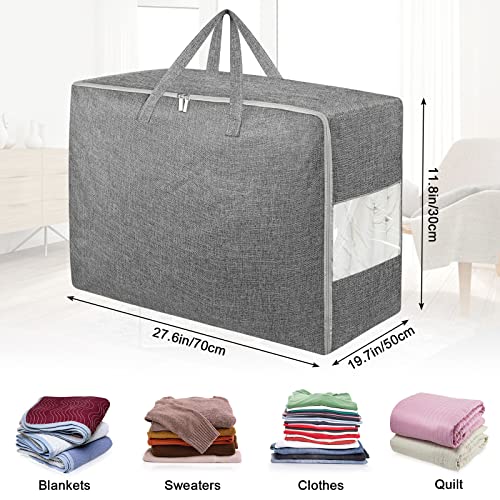 105L Extra Large Storage Bags, Folding Moving Comforter Blanket Storage Bags Closet Organizers and Storage Containers for Clothes with Strong Handles&Zippers Clear Window for Bedding Pillow Grey 3Pack