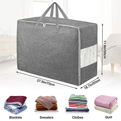 105L Extra Large Storage Bags, Folding Moving Comforter Blanket Storage Bags Closet Organizers and Storage Containers for Clothes with Strong Handles&Zippers Clear Window for Bedding Pillow Grey 3Pack