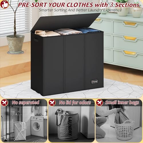 195L Laundry Hamper 3 Section,Large Laundry Hamper with Lid,Dirty Clothes Hamper with 3 Inner Bags,Collapsible Laundry Basket Organizer for Laundry Room,Bedroom,Laundry Sorter Hamper 3 Compartment