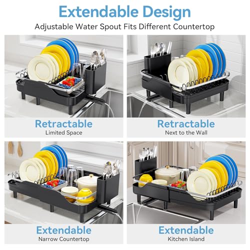 Urackify Expandable Dish Drying Rack for Kitchen Counter,16.2-23.7in,Black | Adjustable Capacity, Countertop-Stay-Dry Drainboard, Heavy-Duty Steel, Stable Plate Rack, Spave Saving for Apartment,RV,Dorms