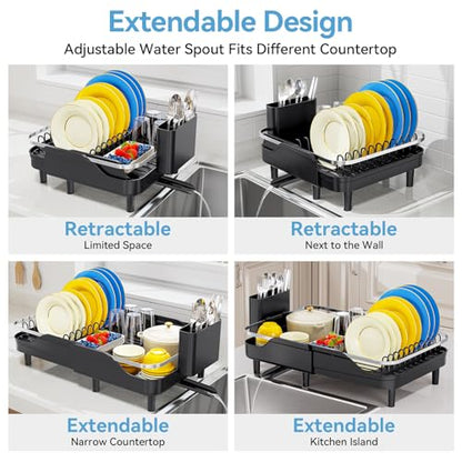 Urackify Expandable Dish Drying Rack for Kitchen Counter,16.2-23.7in,Black | Adjustable Capacity, Countertop-Stay-Dry Drainboard, Heavy-Duty Steel, Stable Plate Rack, Spave Saving for Apartment,RV,Dorms