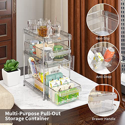 WAKISA 2Pcs Pull Out Organizer and Storage with Cups and Removable Dividers | Slide Out Drawer Storage Containers for Bathroom, Kitchen and Under-Sink Organization with 2 Cups and 6 Removable Dividers