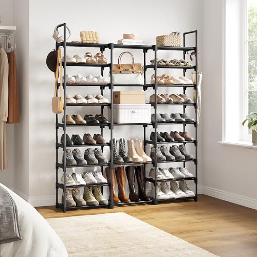 WOWLIVE 9 Tier 3-Column Shoe Rack, 50-55 Pairs Stackable Black | 50in Long for Larger Entryways, Removable Shelves Fit Tall Boots, Split into Multiple Units for Garage Closet