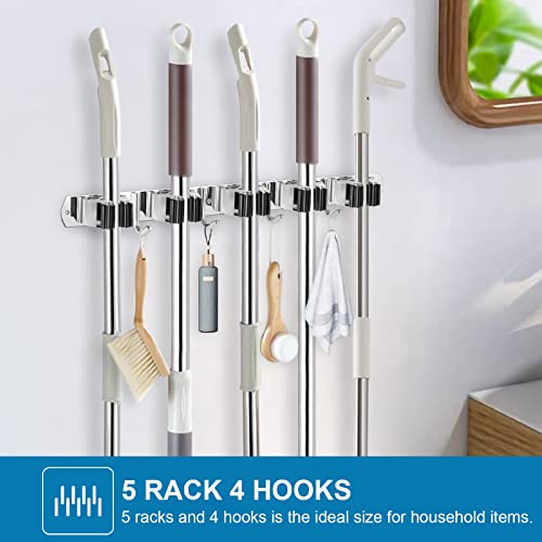 IMILLET 2 Pack Broom Holder Wall Mount Stainless Steel Mop Organizer | 5 Racks 4 Hooks Heavy Duty Garage Organization Storage,Broom and Mop Organizer Wall Hanging Self Adhesive for Laundry Room