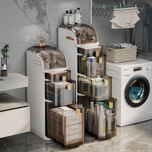 4-Tiers Slim Bathroom Storage Cabinet with Drawers & Tissue Box | Plastic Narrow Rolling Bathroom Tower Cart Waterproof & No Installation for Small Spaces Kitchen Laundry Living Room