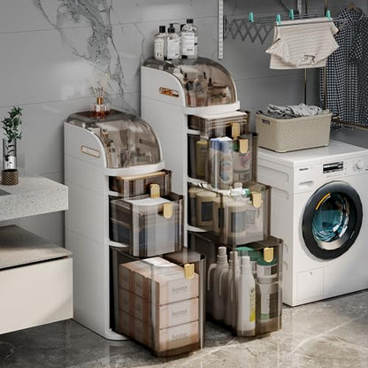 4-Tiers Slim Bathroom Storage Cabinet with Drawers & Tissue Box | Plastic Narrow Rolling Bathroom Tower Cart Waterproof & No Installation for Small Spaces Kitchen Laundry Living Room