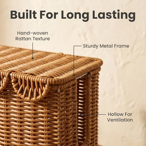 Cable Management Box, Scalloped Faux Rattan Cord Organizer Basket with Lid, Decorative Cord Hider Box with 2 Cable Slots for Power Strip, Small Router, USB Hub, Desk, TV Stand & Home Office, Natural