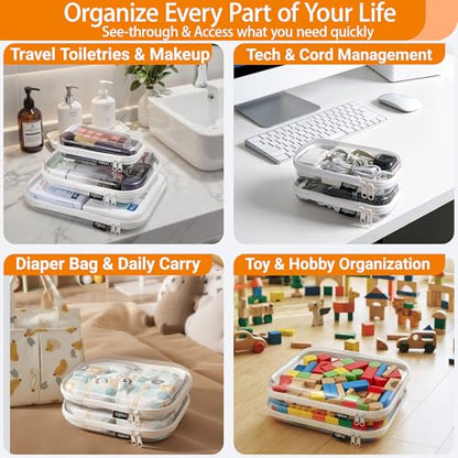 YQBRAO Clear Hard Shell Organizer Cases, 3-Pack, White | Rigid 1.2 mm clear PET organizers with multi-size design for travel, home storage, and everyday essentials.