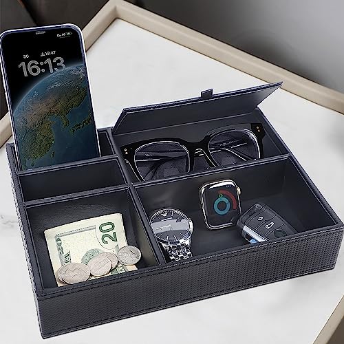 Zcaukya Men's Valet Tray, 5 Compartments, Black | Jewelry Box Nightstand Organizer, For Phone Keys Wallet Watch Glasses