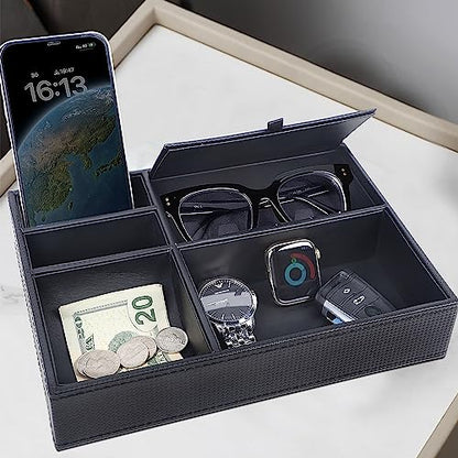 Zcaukya Men's Valet Tray, 5 Compartments, Black | Jewelry Box Nightstand Organizer, For Phone Keys Wallet Watch Glasses