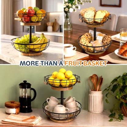 2 Tier Fruit Basket with Banana Hanger, Metal Fruit Bowl Stand with Wooden Base, Kitchen Counter Fruit Organizer for Vegetables, Bread, Snacks Storage Basket