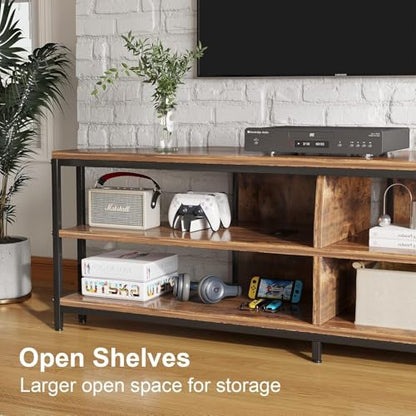 MUTUN Corner TV Stand with Power Outlet, Corner Entertainment Center for 32 43 50 55 60 Inch TV, Industrial Media Console Table for Living Room Bedroom, 55 Inch, Rustic Brown