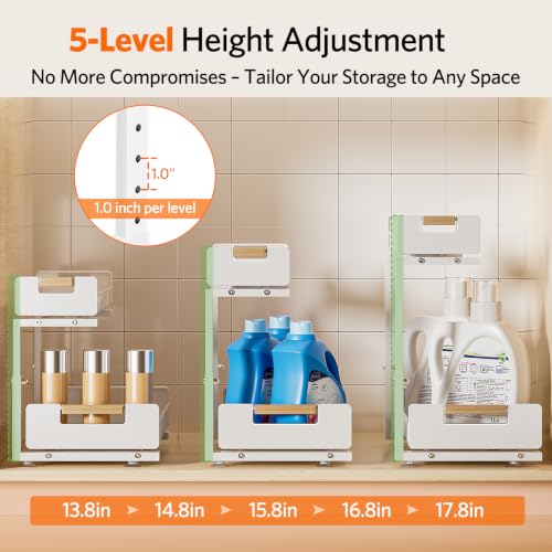 Delamu Under Sink Organizer Kitchen, 2-Tier Pull-Out Cabinet Shelf, 2-Pack | 2-Tier Smooth Slide, 5 Adjustable Heights, Anti-Tip Suction Cups, Sturdy Metal, For Kitchen Bathroom Pantry Laundry, White