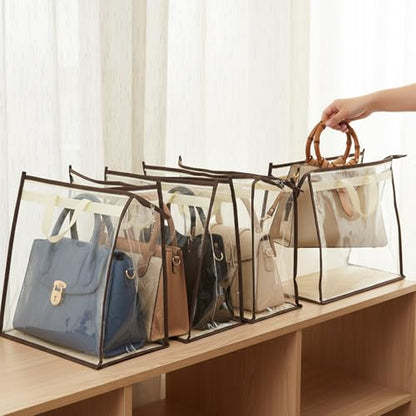 12 Pack Beige Handbag Purse Storage Organizer for Closet, 4 Sizes Clear Hanging Dust Bags Cover with Zipper and Handle, Closet Purse Protector Bags