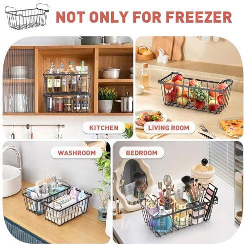 Freezer Organizer Bins for 3.5-7 Cu.FT Chest Freezer, 4 Pack Black | Foldable Handle Stackable Freezer Baskets, Coated Metal Freezer Storage Bins with Better Space Utilization, Deep Organization
