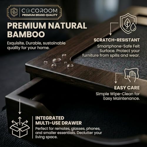Sofa Armrest Tray with Drawer & Cup Holder — Wooden Couch Arm Tray with Anti-Slip Surface | Fits Most Sofa & Couch Arms (Dark Brown)