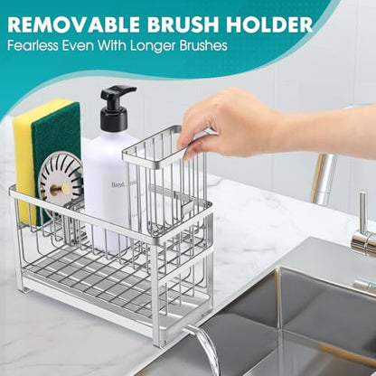 Sinnsally Kitchen Sponge Holder,Sink Caddy Organizer with High Brush Holder,Stainless Steel Sink Box Dish Scrubber Holder,Soap Tray for Kitchen Counter Accessories & Storage Rack (2 Tier - Silver)