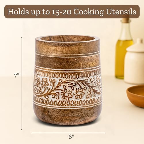 Mie Creations Farmhouse 7'' Large Wooden Utensil Holder, White Floral | Natural Mango Wood, Handcrafted Design, Cooking Spatula Organizer for Kitchen Counter, Holds 15 Utensils, Christmas Decor