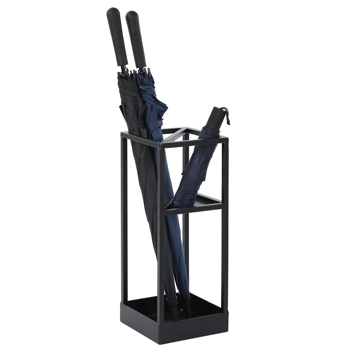 MyGift 20 Inch Tall Black Metal Geometric Umbrella Stand with Drip Tray | Dedicated Shelf For Foldable Umbrellas, Cane Storage, Drip Tray Protection, Entryway Accent, Space Saving Design