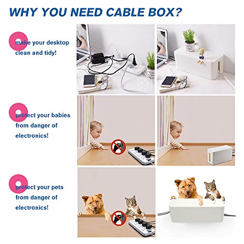 Cable Management Box Organizer, Pack of 2 Wire Concealer to Cover Hide Surge Protector & Power Strip on Desk Floor, with 5 Cord Fastening Tapes for Office, Home, Kitchen (Ice White)