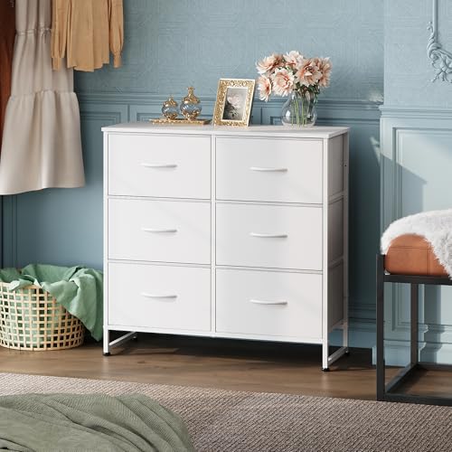 WLIVE Dresser for Bedroom with 6 Drawers, White | Closet Dresser, Metal Frame, Wooden Top, Fabric Dresser for Closet, Living Room, Hallway