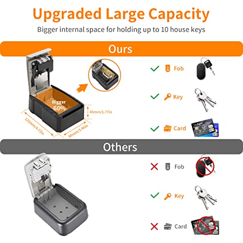 UPGRADE Extra Large Capacity Key Lock Box, Weatherproof Wall Mount Key Box for Car Keys, Fob, House Keys, Key Safe Security Storage Lock Box for Indoor, Outdoor, Garage, Garden, Store (1, Grey)