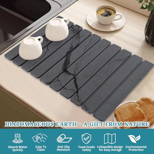 Stone Dish Drying Mat for Kitchen Counter, 24 x 16 Inch(Dark Gray Marble) | Absorbent diatomaceous earth and PVC, folds for compact storage, suitable for dishes, cups, bottles, or a bathroom floor mat