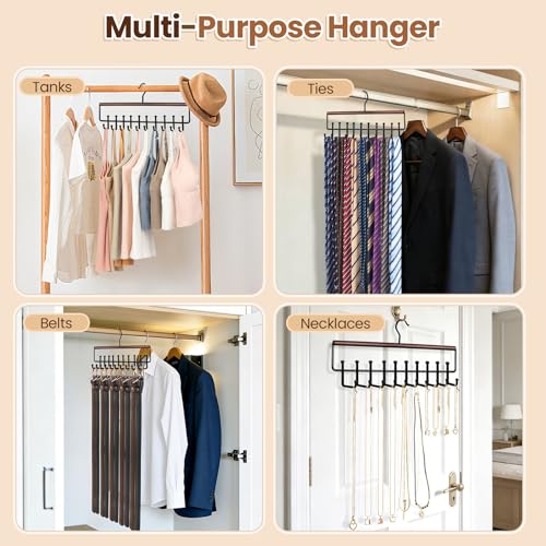 2PC Tie Belt Rack Hanger for Closet, Wood Tie Holder Organizer with 20 Hook | Upgraded 2-in-1 Tie and Belt Hanger Organizer, Large Capacity, 360° Rotating Hook, Non Slip, Space Saving, Walnut color