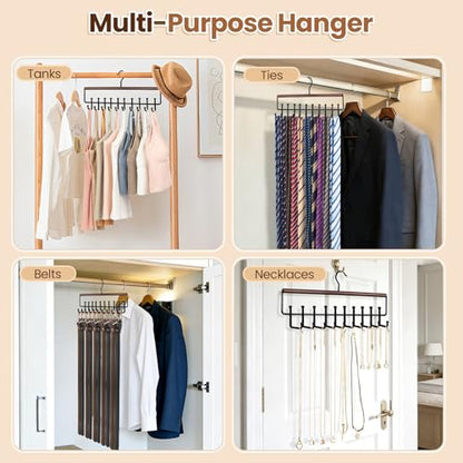 2PC Tie Belt Rack Hanger for Closet, Wood Tie Holder Organizer with 20 Hook | Upgraded 2-in-1 Tie and Belt Hanger Organizer, Large Capacity, 360° Rotating Hook, Non Slip, Space Saving, Walnut color